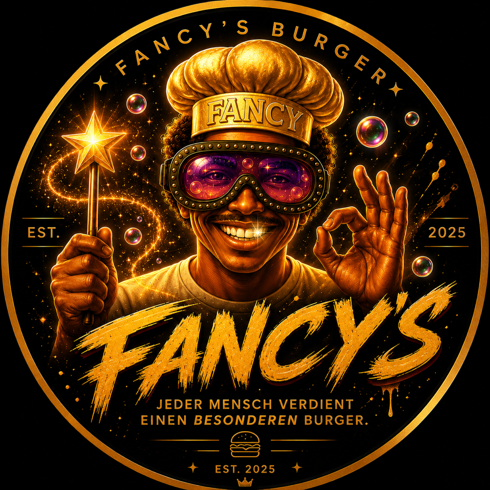 Logo von FANCY'S Burger: goldener Kreis, lachender Koch mit Zauberstab, Schriftzug Fancy's